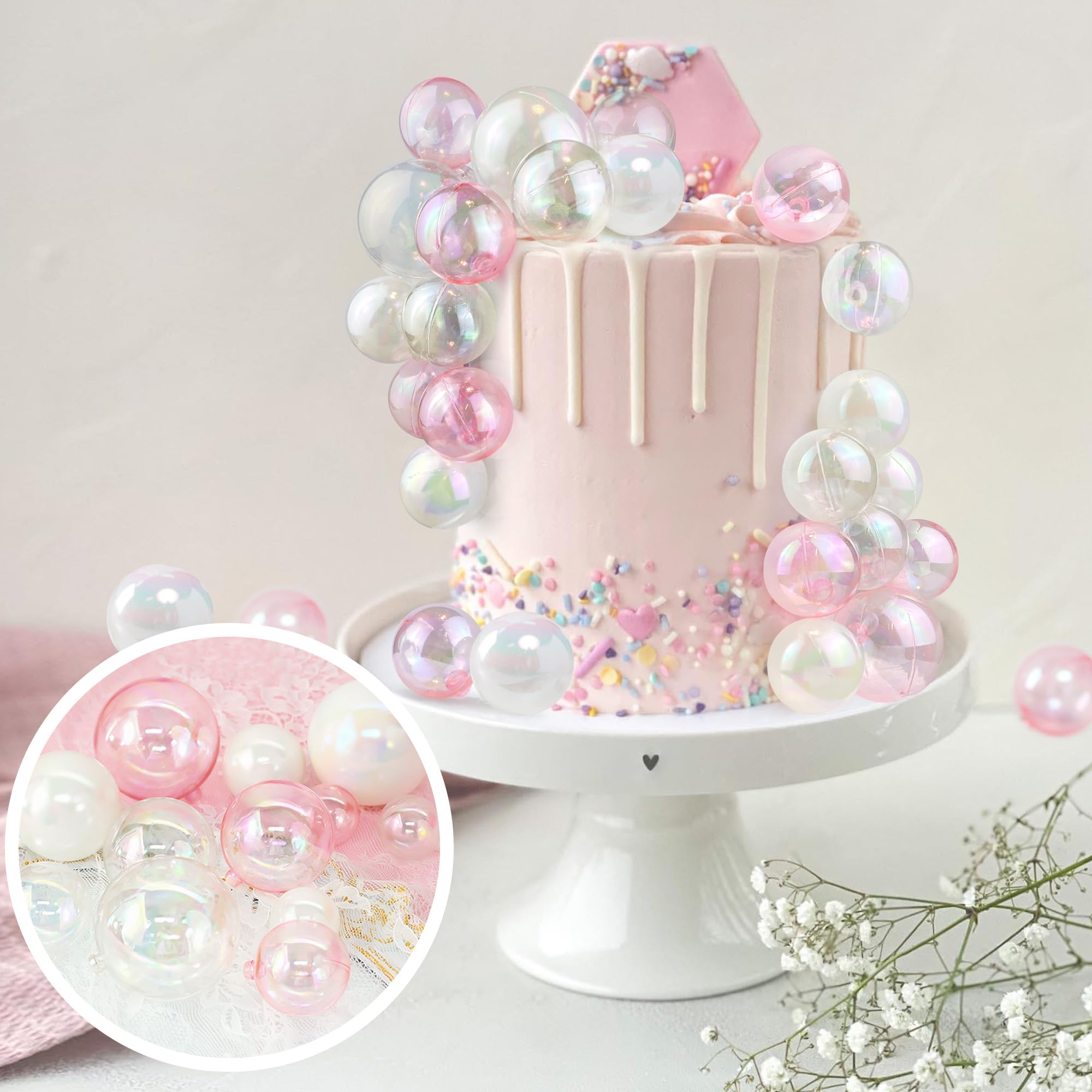 RASSLISA 32 Pcs Colorful Ball Cake Toppers – White, Clear & Pink