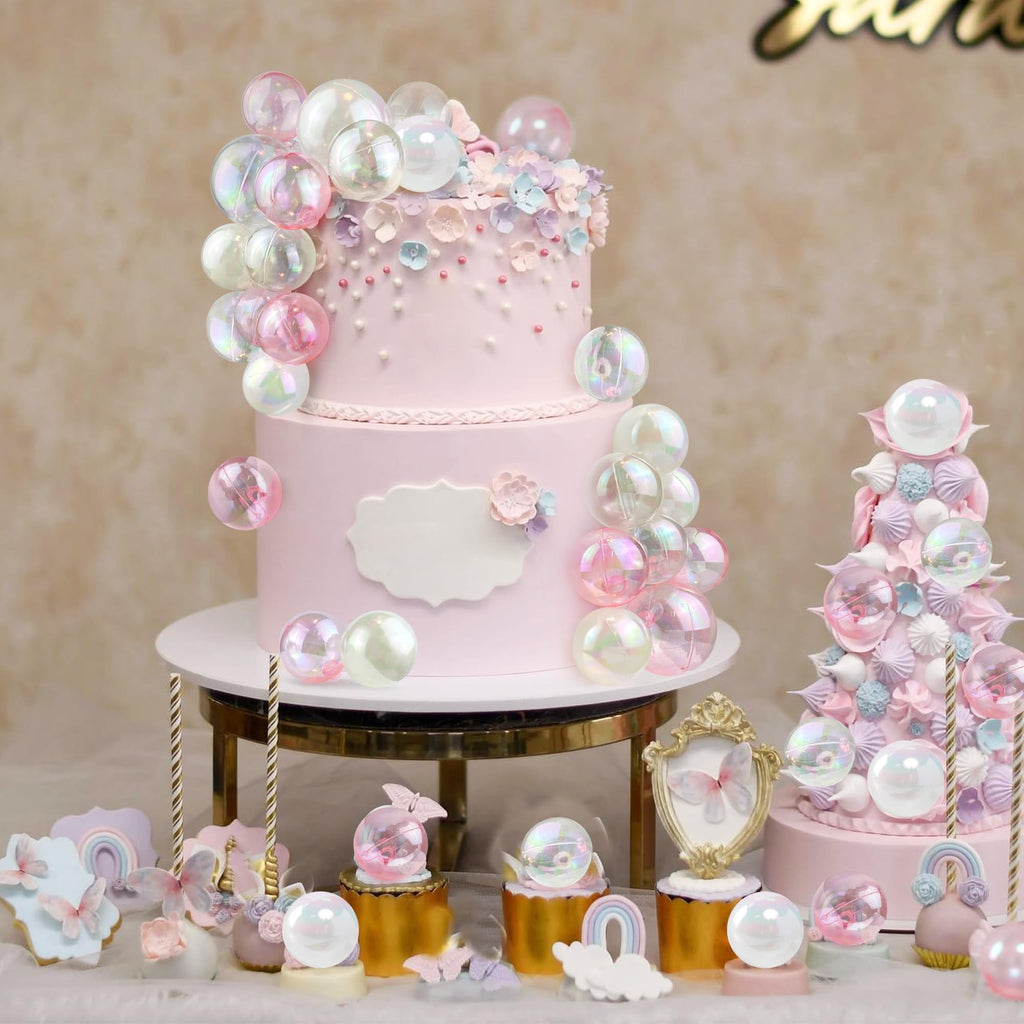 RASSLISA 32 Pcs Colorful Ball Cake Toppers – White, Clear & Pink