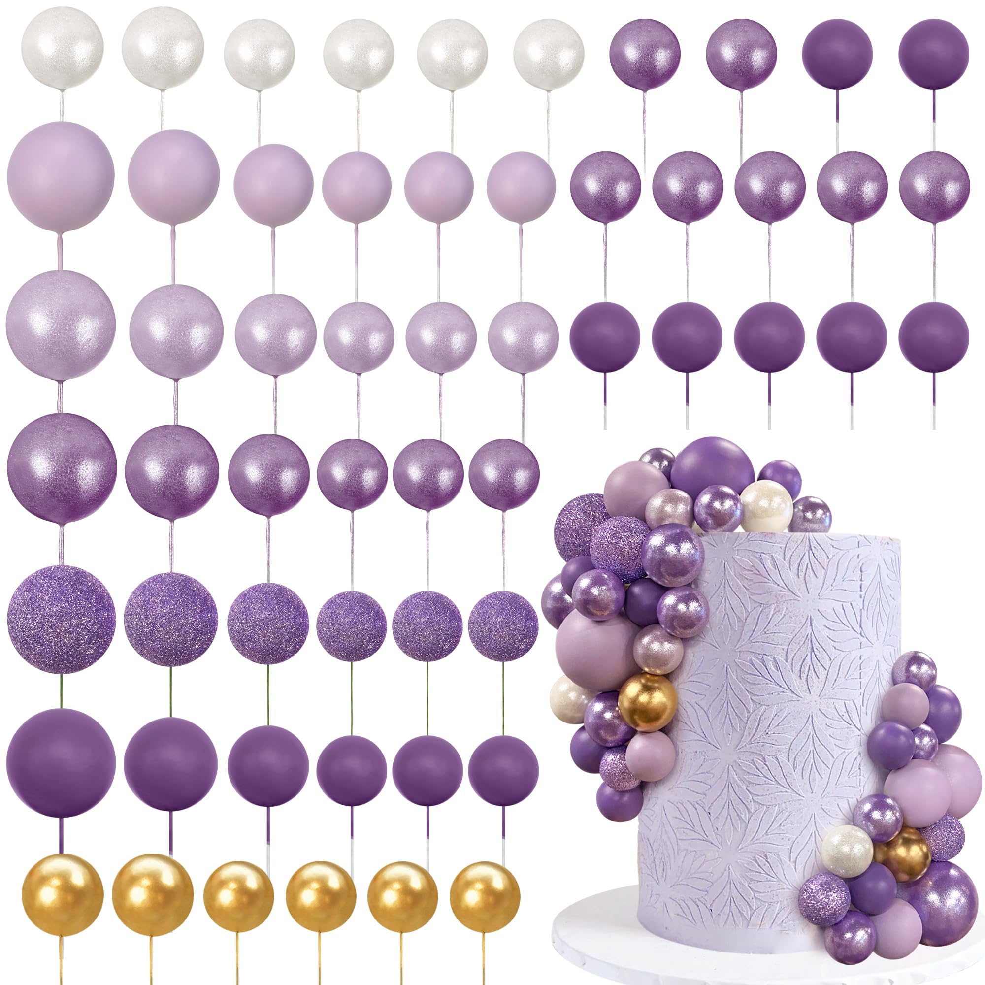 RASSLISA 56-Piece Colorful Ball Cake Toppers – 4 Sizes, 7 Colors for Party and Wedding Cakes