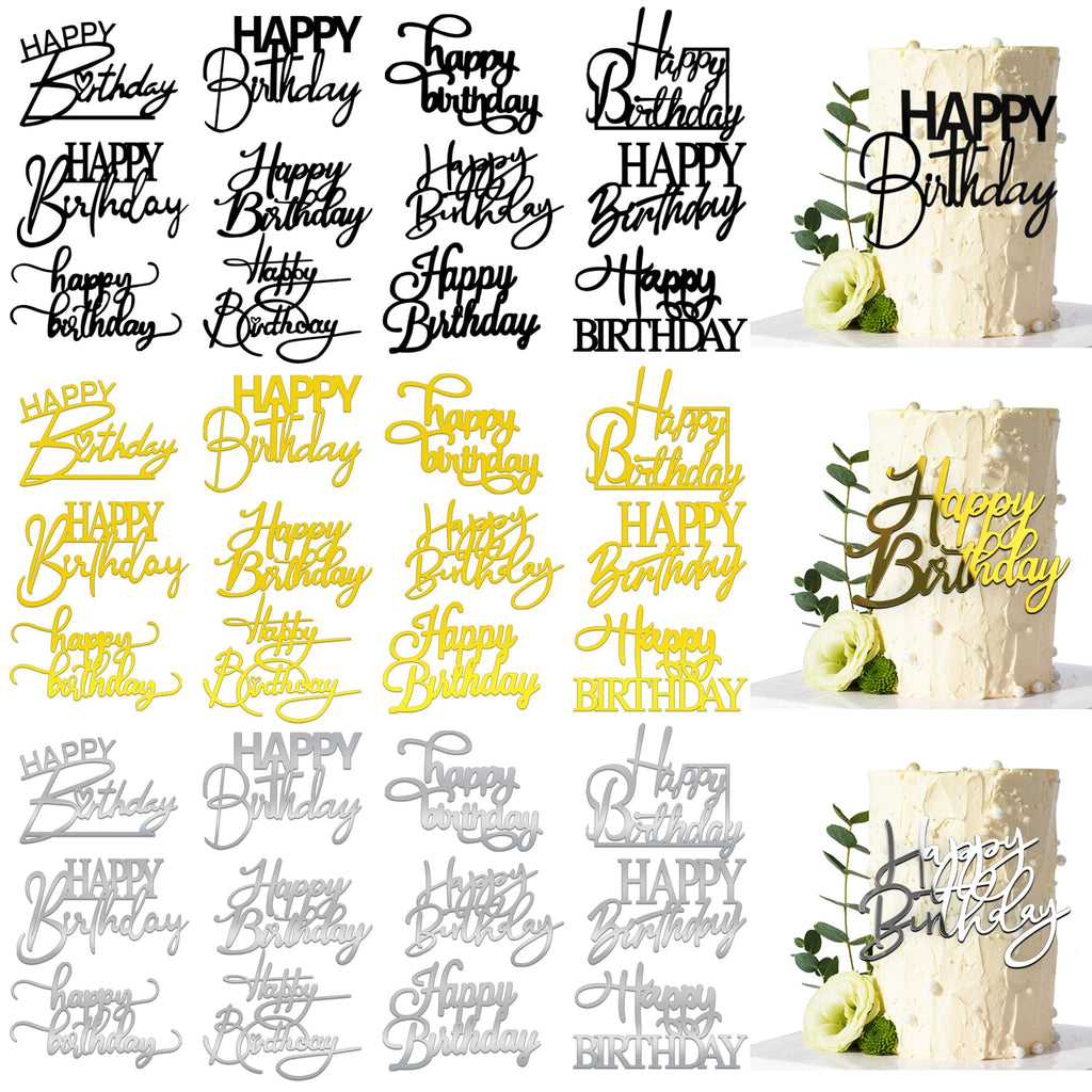RASSLISA 36 PCS Happy Birthday Cake Toppers – Mirror Acrylic, 12 Styles, 3 Colors