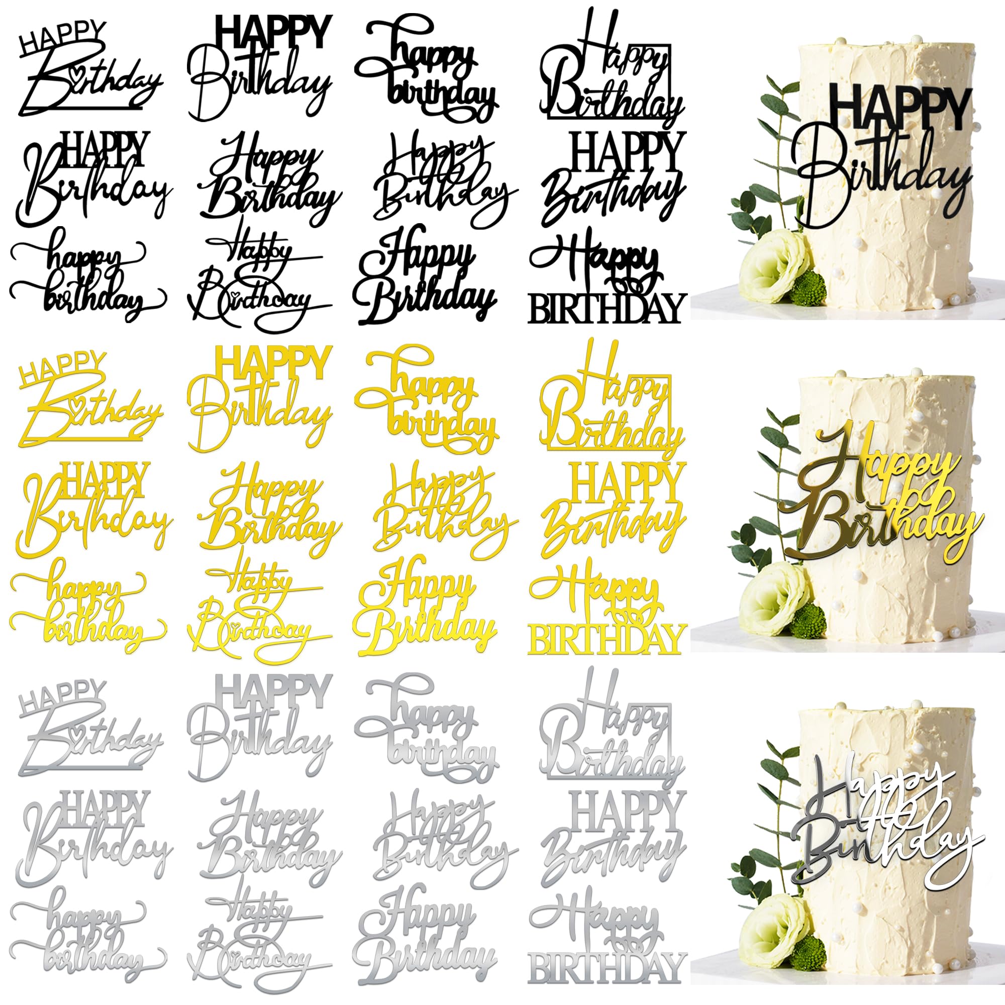 RASSLISA 36 PCS Happy Birthday Cake Toppers – Mirror Acrylic, 12 Styles, 3 Colors