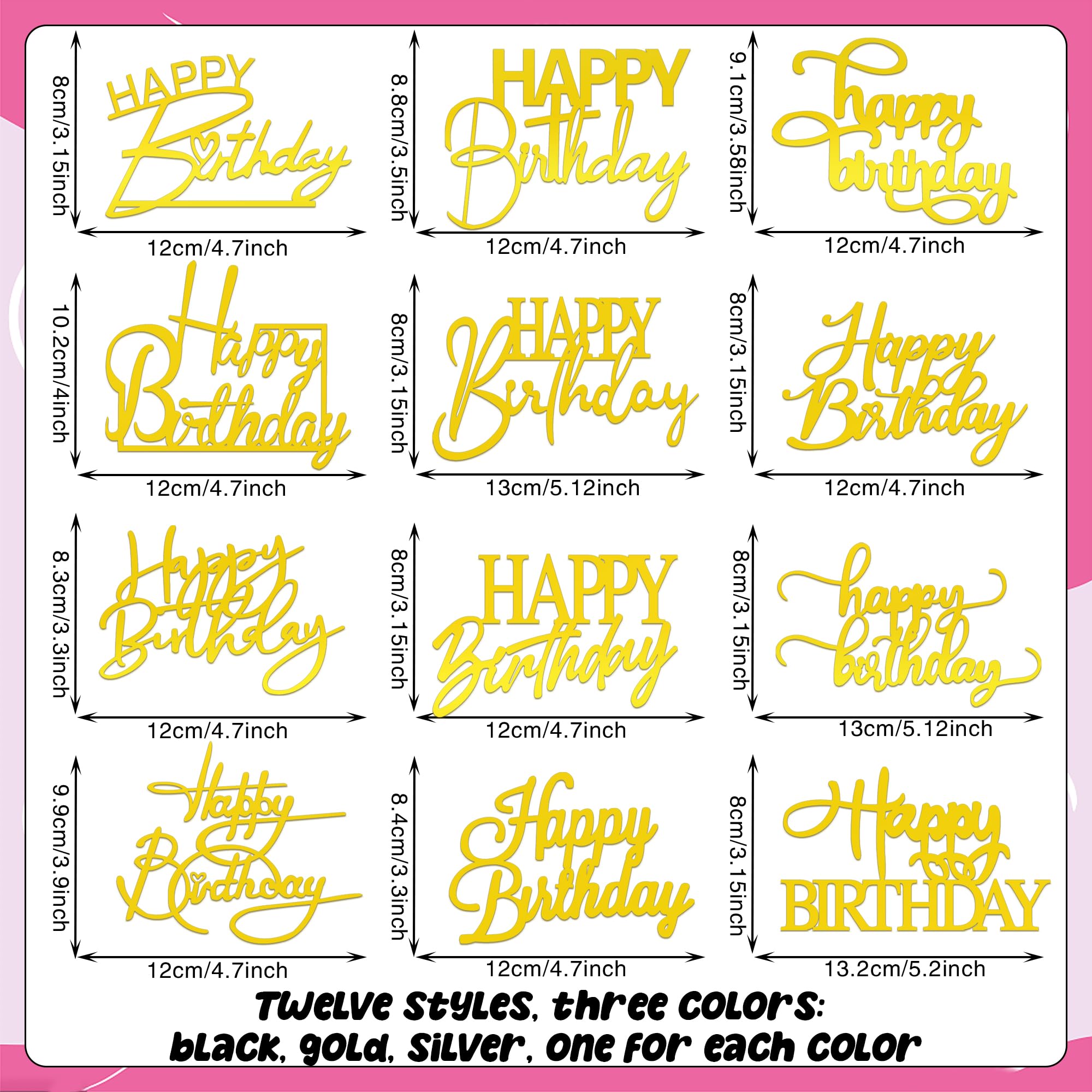 RASSLISA 36 PCS Happy Birthday Cake Toppers – Mirror Acrylic, 12 Styles, 3 Colors