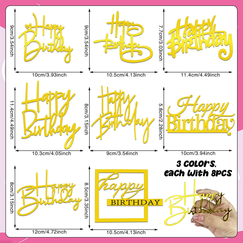 RASSLISA 24 PCS Happy Birthday Cake Toppers – Mirror Acrylic, 8 Styles, 3 Colors