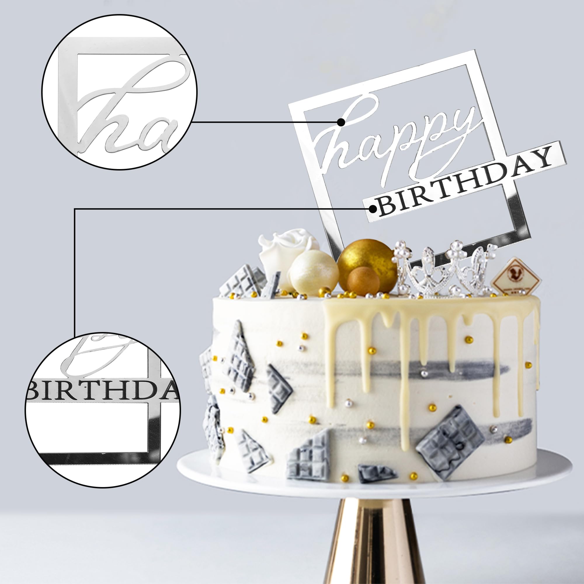 RASSLISA 24 PCS Happy Birthday Cake Toppers – Mirror Acrylic, 8 Styles, 3 Colors