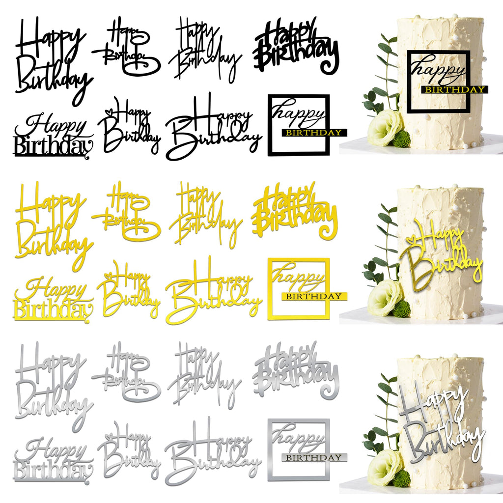 RASSLISA 24 PCS Happy Birthday Cake Toppers – Mirror Acrylic, 8 Styles, 3 Colors