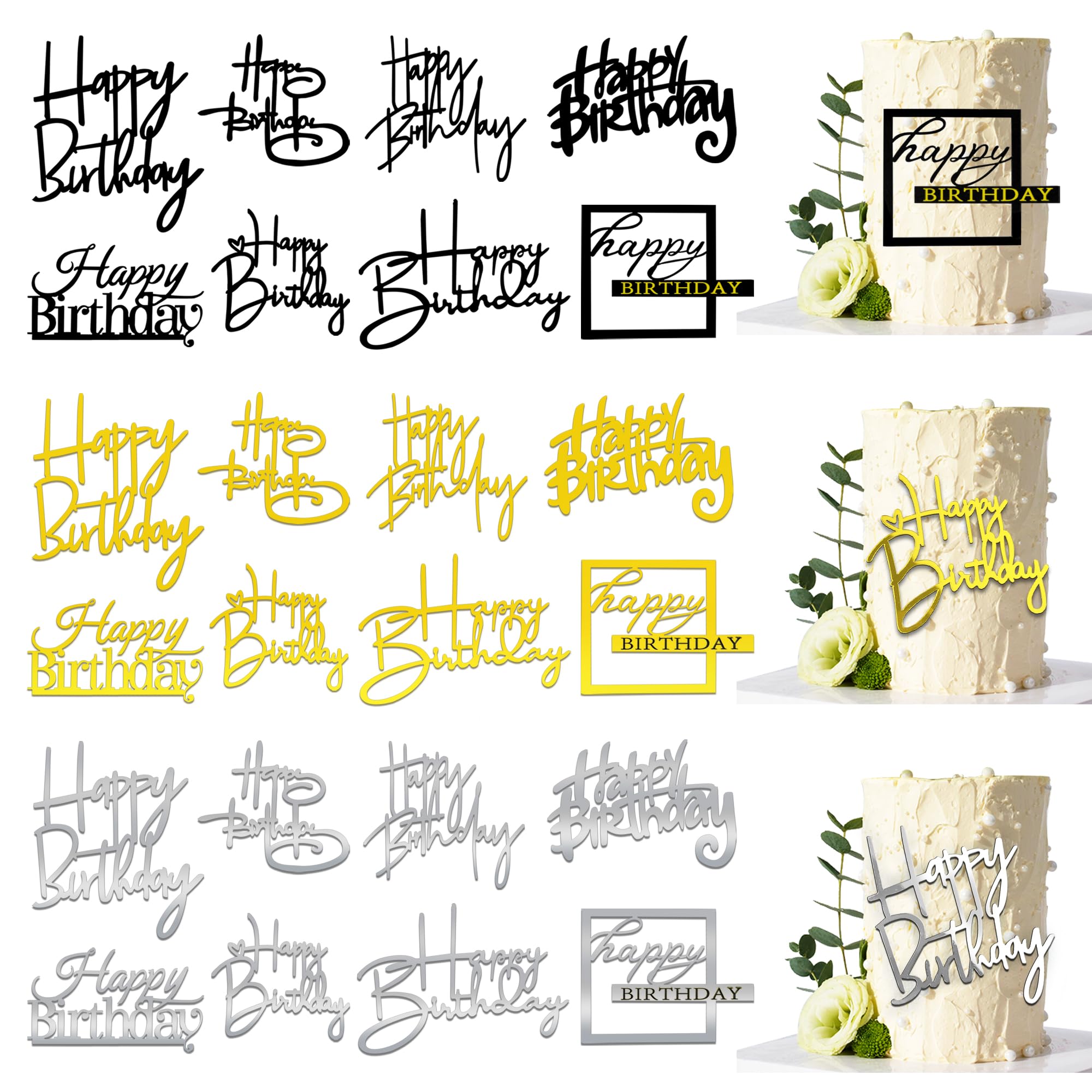 RASSLISA 24 PCS Happy Birthday Cake Toppers – Mirror Acrylic, 8 Styles, 3 Colors