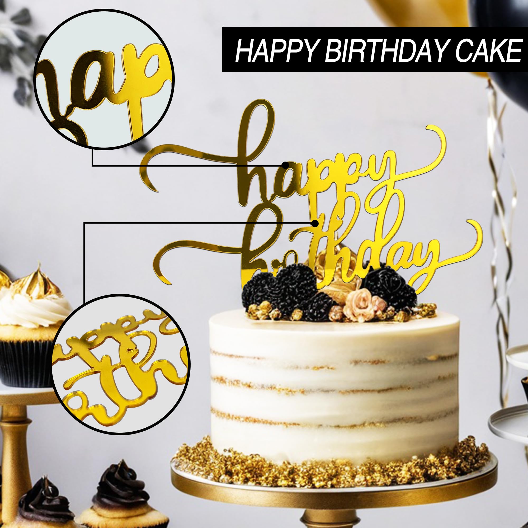 RASSLISA 36 PCS Happy Birthday Cake Toppers – Mirror Acrylic, 12 Styles, 3 Colors