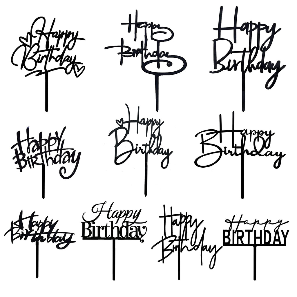 RASSLISA 10 Pcs Black Happy Birthday Cake Topper – Acrylic Cupcake Picks