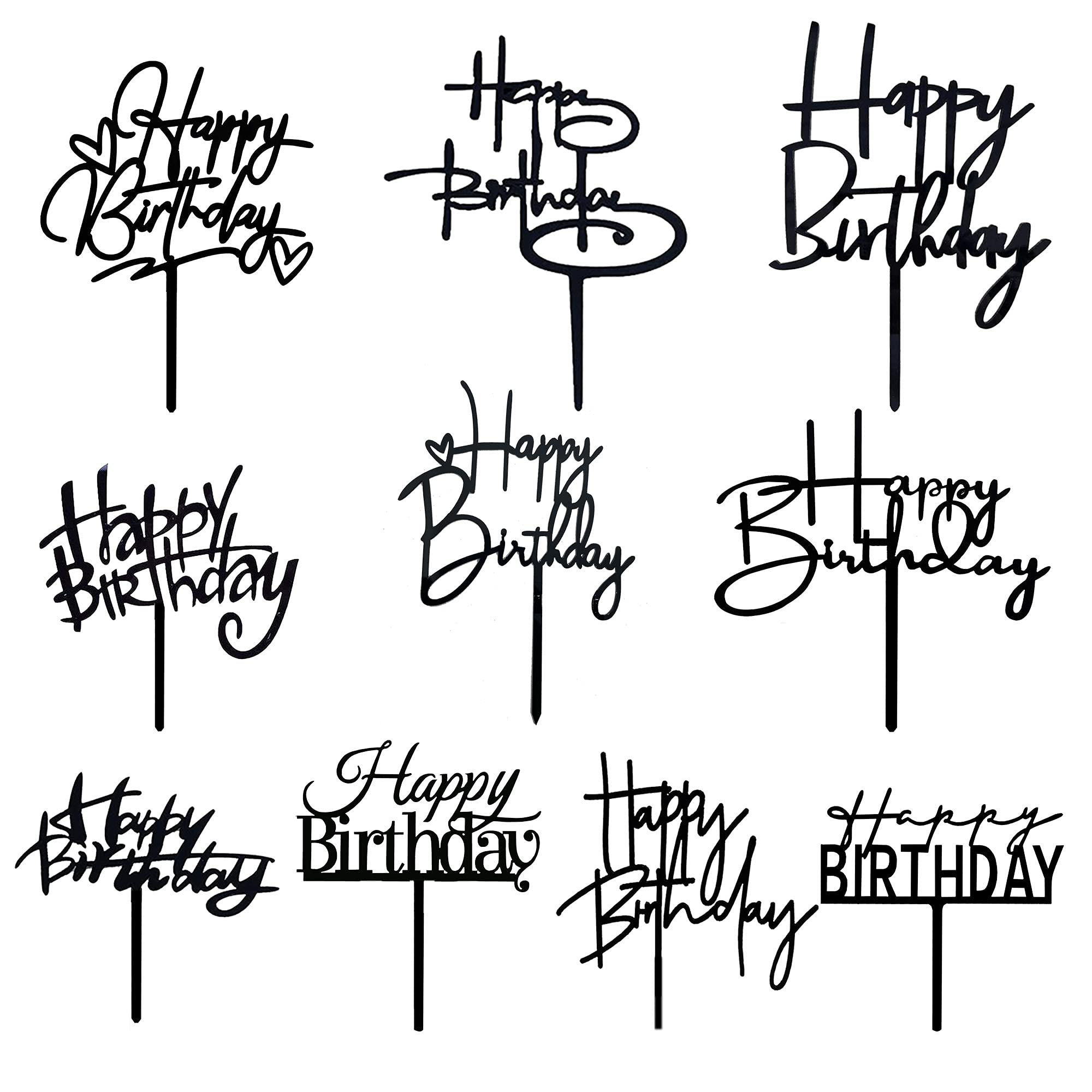 RASSLISA 10 Pcs Black Happy Birthday Cake Topper – Acrylic Cupcake Picks
