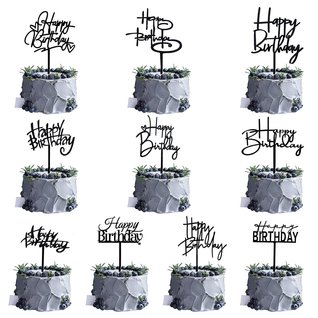 RASSLISA 10 Pcs Black Happy Birthday Cake Topper – Acrylic Cupcake Picks