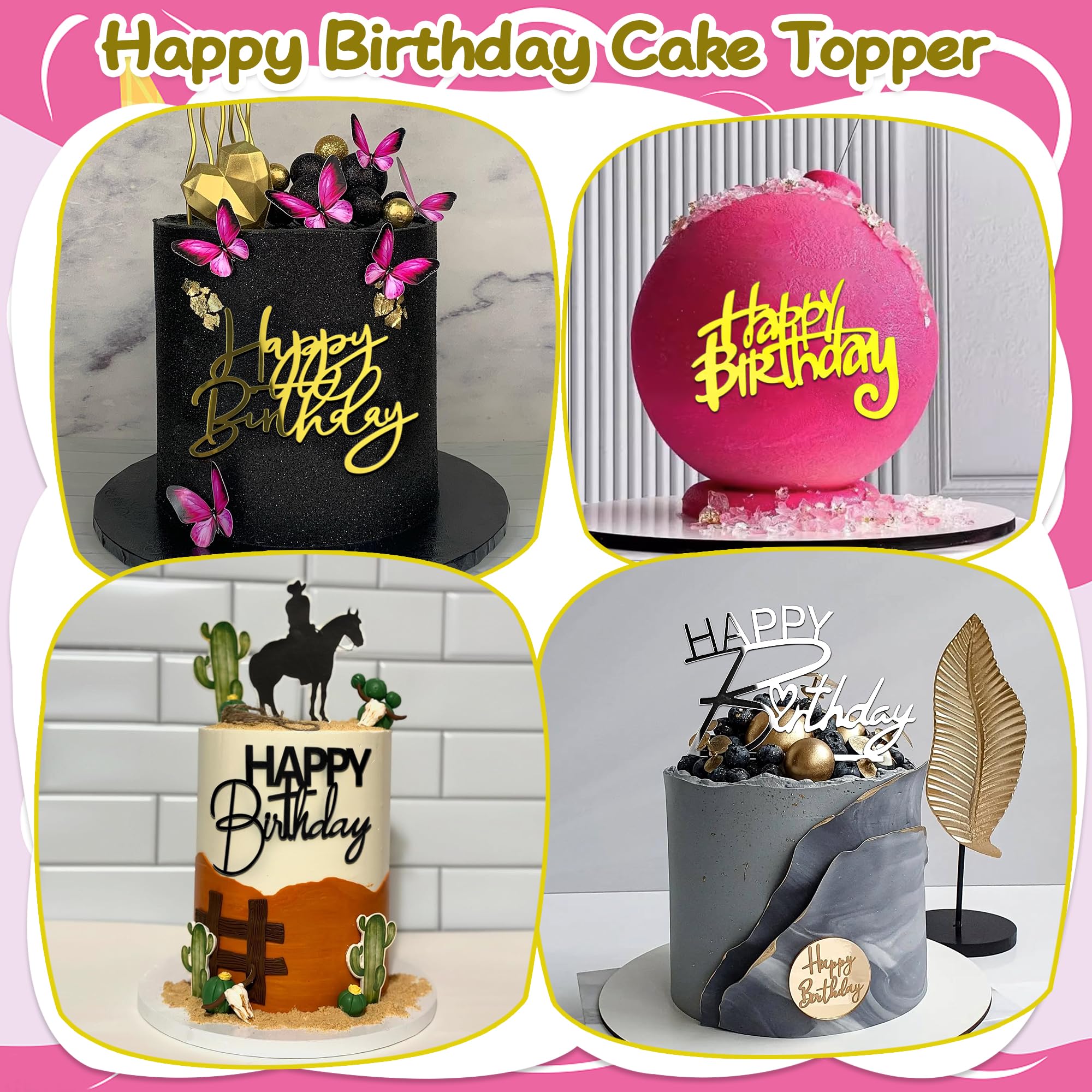 RASSLISA 36 PCS Happy Birthday Cake Toppers – Mirror Acrylic, 12 Styles, 3 Colors