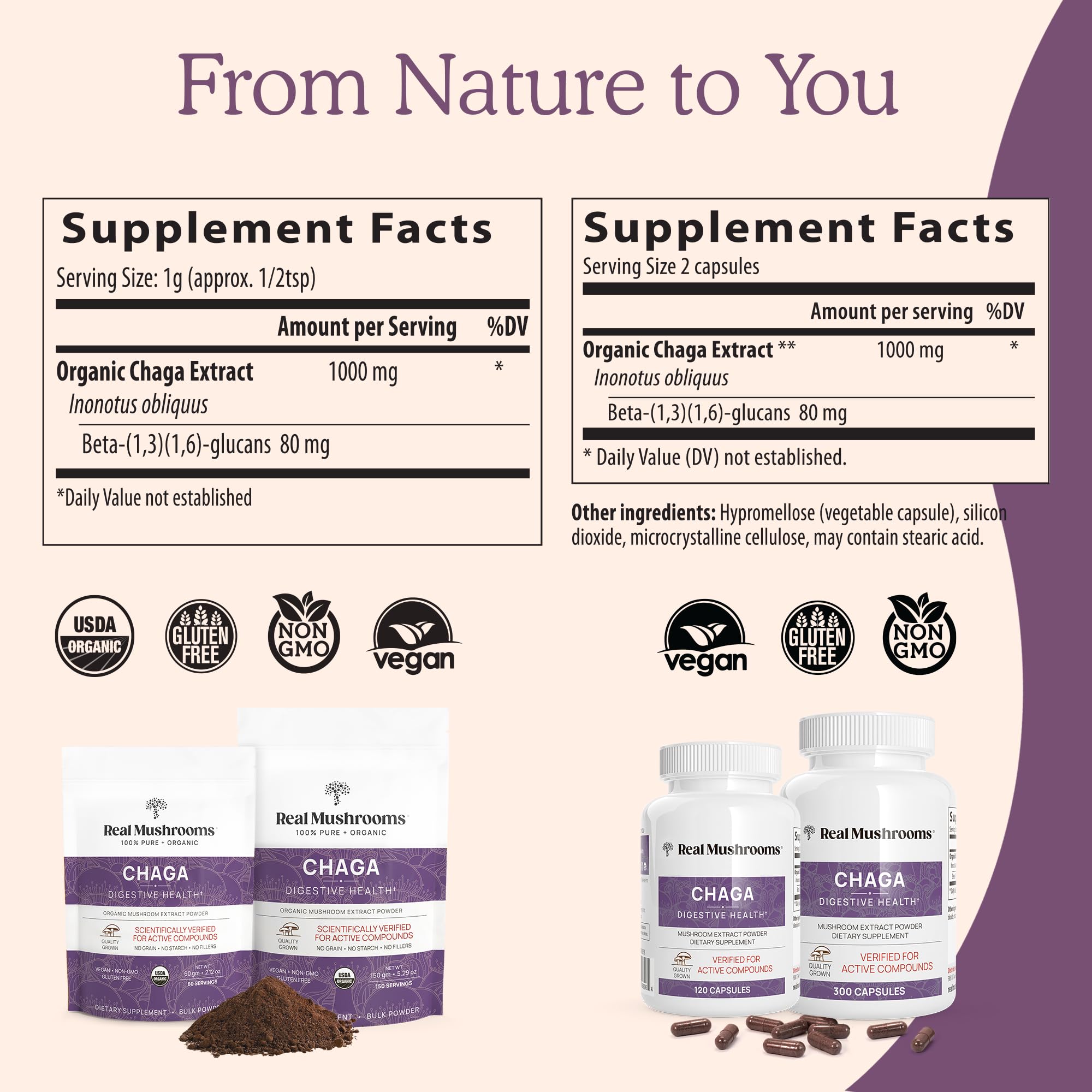 Real Mushrooms Chaga Capsules – Organic Chaga Extract, Vegan & Non-GMO, 300 Capsules