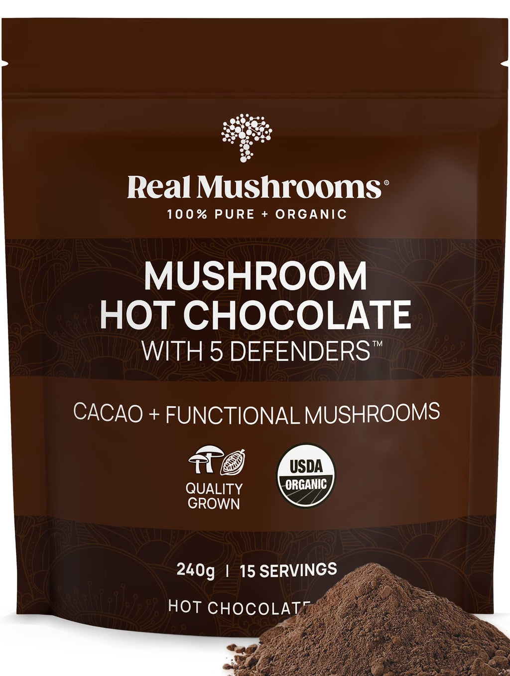 Real Mushrooms Bio-Trinkschokolade-Mix – 5 Defenders Kakao, vegan, glutenfrei