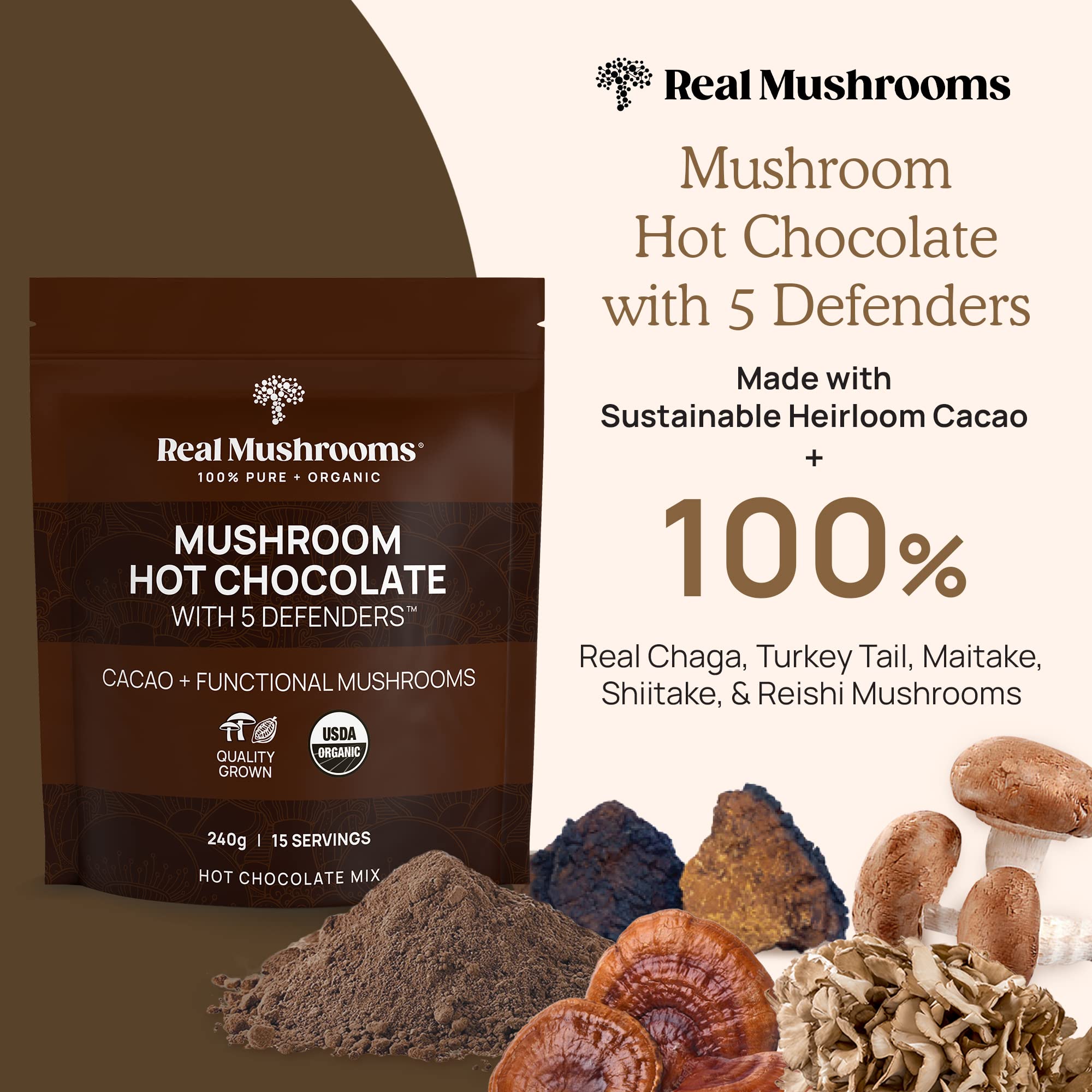 Real Mushrooms Bio-Trinkschokolade-Mix – 5 Defenders Kakao, vegan, glutenfrei