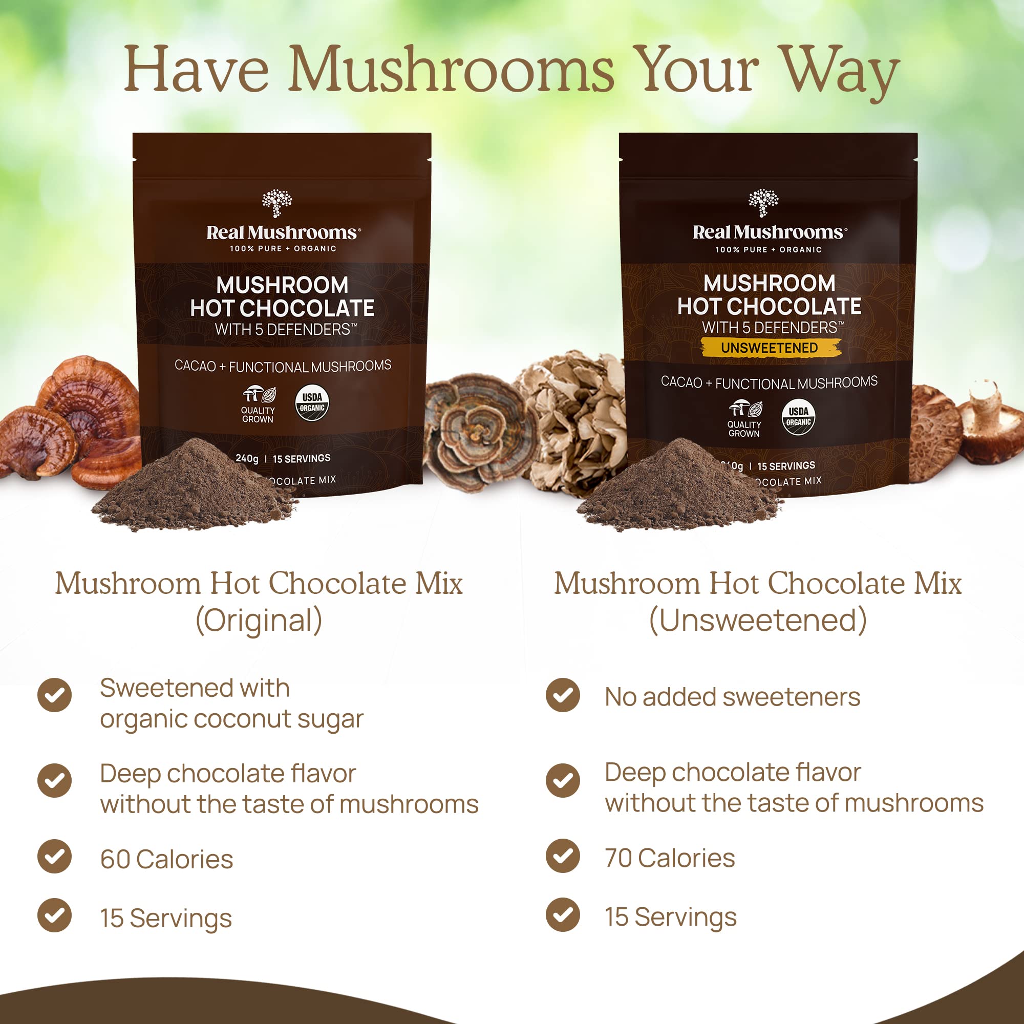 Real Mushrooms Bio-Trinkschokolade-Mix – 5 Defenders Kakao, vegan, glutenfrei