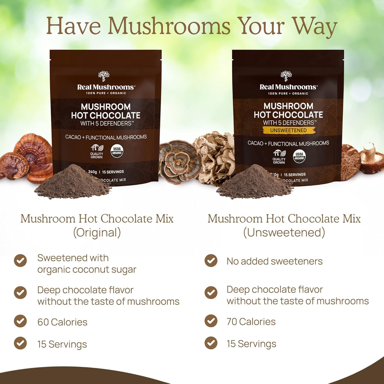 Real Mushrooms Bio-Trinkschokolade-Mix – 5 Defenders Kakao, vegan, glutenfrei