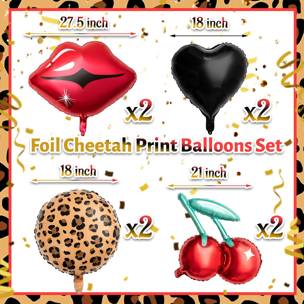 Realspring 8-Piece Black & Red Foil Balloons Kit – Cherry, Lip, Leopard & Black Heart for Bachelorette Parties
