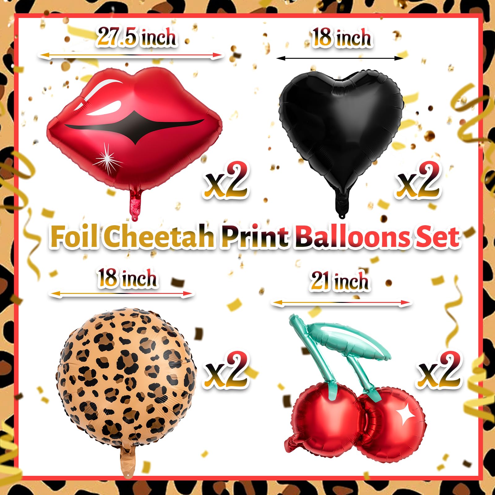 Realspring 8-Piece Black & Red Foil Balloons Kit – Cherry, Lip, Leopard & Black Heart for Bachelorette Parties