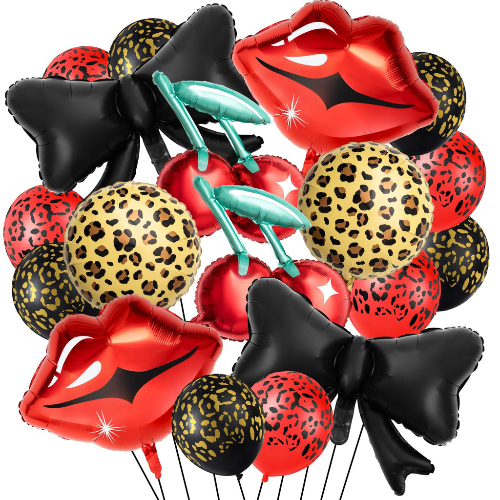 RealSpring 18-Piece Red & Black Cheetah Party Decor Kit with Balloons, Lip, Cherry & Bow Shapes