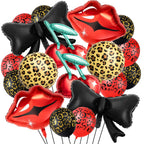 RealSpring 18-Piece Red & Black Cheetah Party Decor Kit with Balloons, Lip, Cherry & Bow Shapes