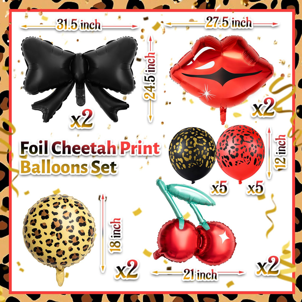 RealSpring 18-Piece Red & Black Cheetah Party Decor Kit with Balloons, Lip, Cherry & Bow Shapes