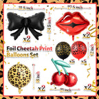 RealSpring 18-Piece Red & Black Cheetah Party Decor Kit with Balloons, Lip, Cherry & Bow Shapes
