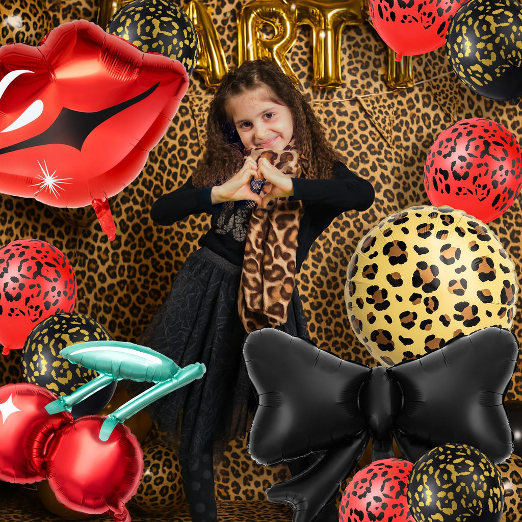 RealSpring 18-Piece Red & Black Cheetah Party Decor Kit with Balloons, Lip, Cherry & Bow Shapes