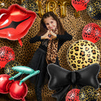 RealSpring 18-Piece Red & Black Cheetah Party Decor Kit with Balloons, Lip, Cherry & Bow Shapes