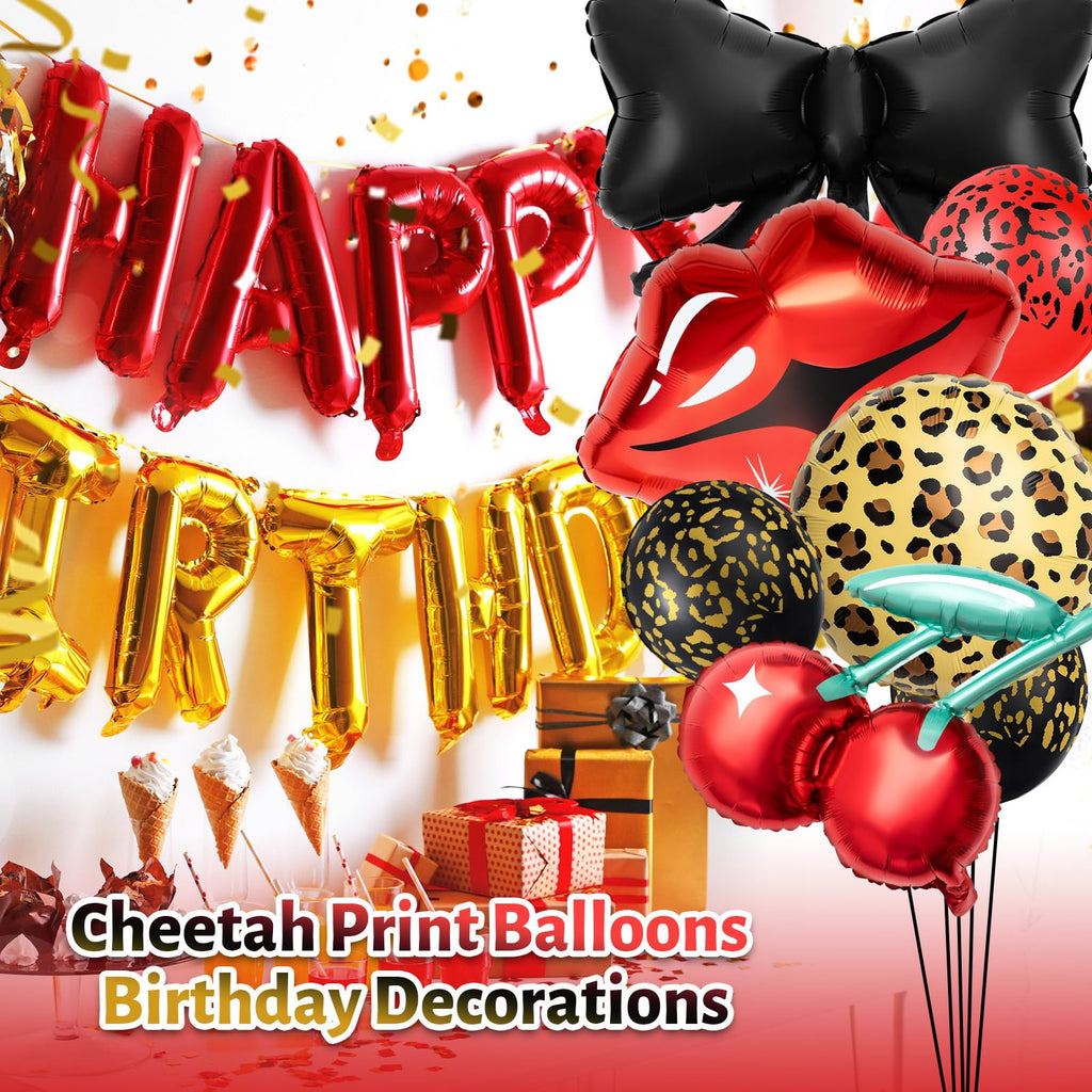 RealSpring 18-Piece Red & Black Cheetah Party Decor Kit with Balloons, Lip, Cherry & Bow Shapes