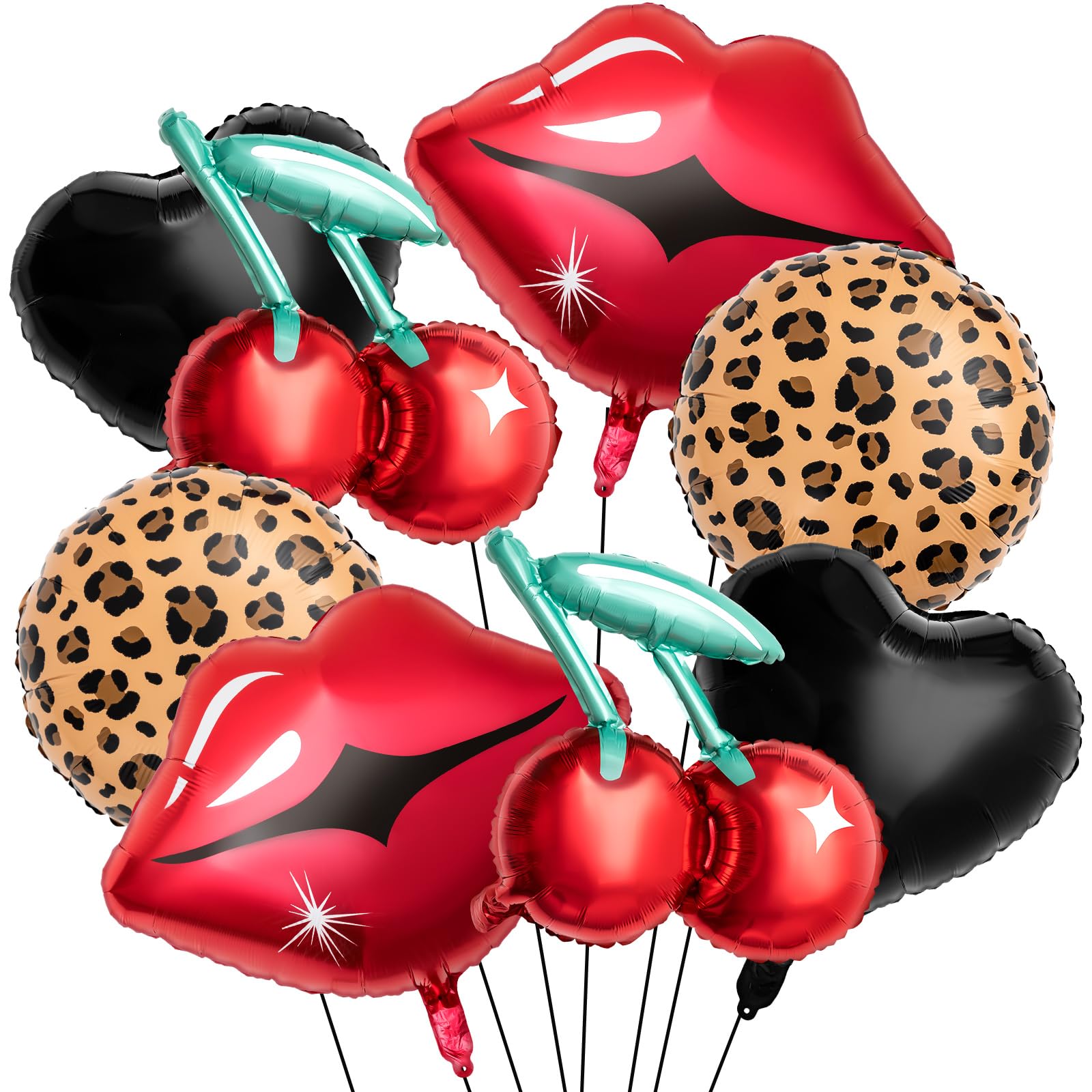 Realspring 8-Piece Black & Red Foil Balloons Kit – Cherry, Lip, Leopard & Black Heart for Bachelorette Parties