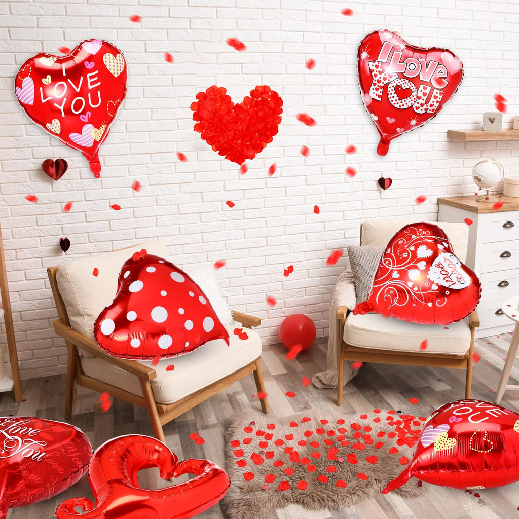 Realspring 18-Inch Valentine’s Day Heart Foil Balloons Set – 50 Red Heart Balloons + 1000 Silk Rose Petals