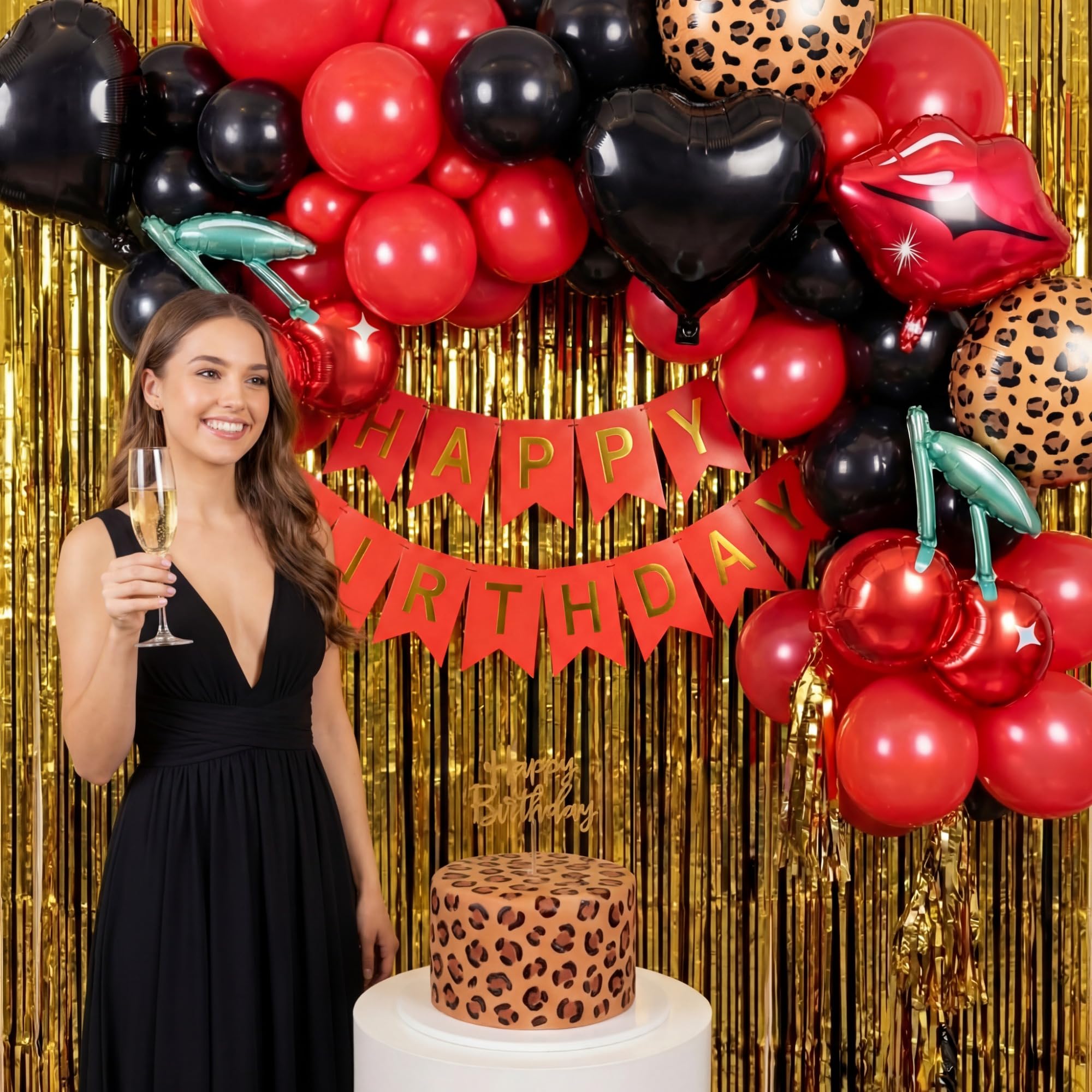 Realspring 8-Piece Black & Red Foil Balloons Kit – Cherry, Lip, Leopard & Black Heart for Bachelorette Parties