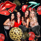 RealSpring 18-Piece Red & Black Cheetah Party Decor Kit with Balloons, Lip, Cherry & Bow Shapes