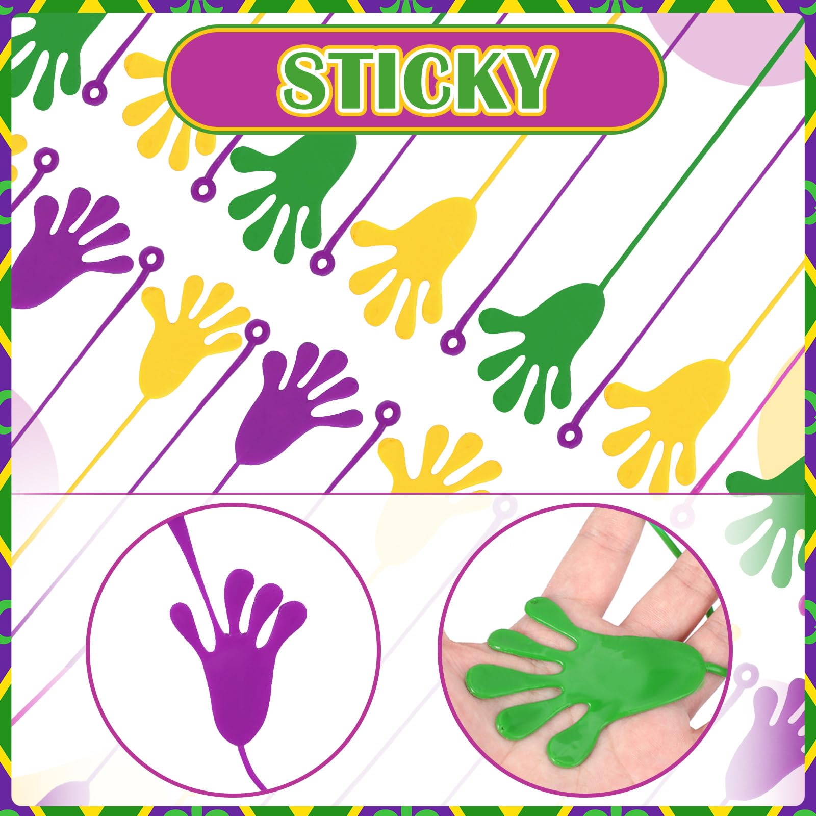 Realspring Mardi Gras Sticky Hands – 300 Pcs Carnival Party Favors (Purple, Gold, Green)