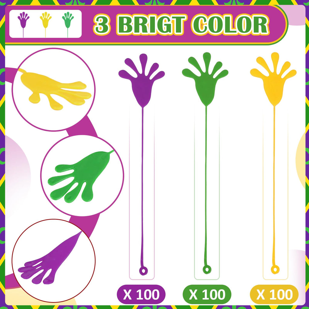 Realspring Mardi Gras Sticky Hands – 300 Pcs Carnival Party Favors (Purple, Gold, Green)