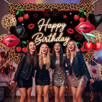 Realspring 8-Piece Black & Red Foil Balloons Kit – Cherry, Lip, Leopard & Black Heart for Bachelorette Parties