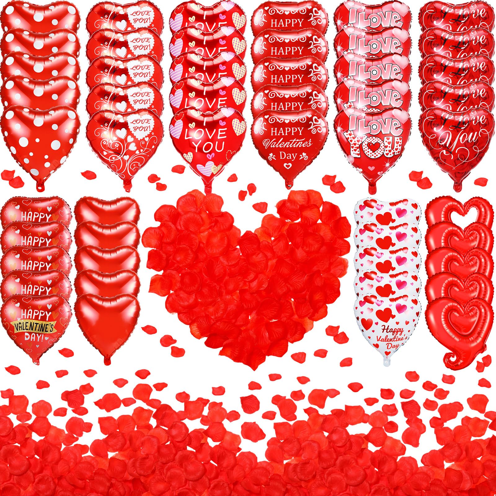 Realspring 18-Inch Valentine’s Day Heart Foil Balloons Set – 50 Red Heart Balloons + 1000 Silk Rose Petals