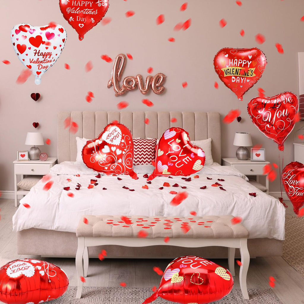 Realspring 18-Inch Valentine’s Day Heart Foil Balloons Set – 50 Red Heart Balloons + 1000 Silk Rose Petals
