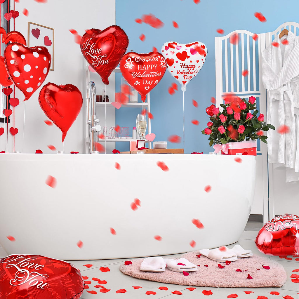 Realspring 18-Inch Valentine’s Day Heart Foil Balloons Set – 50 Red Heart Balloons + 1000 Silk Rose Petals