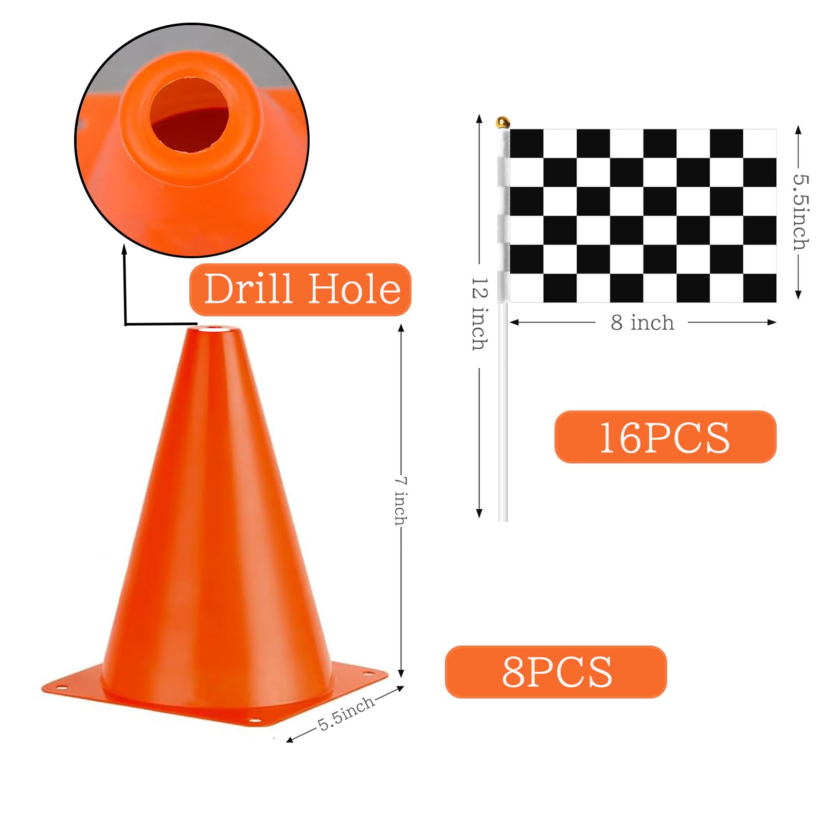 RECER Traffic Cones with Racing Checkered Flags – 24-Piece Party Decor Set