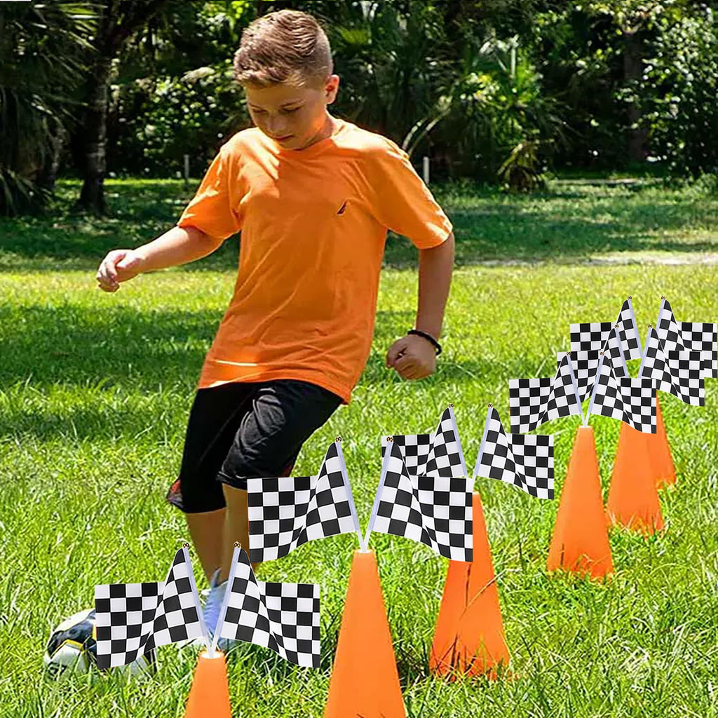 RECER Traffic Cones with Racing Checkered Flags – 24-Piece Party Decor Set