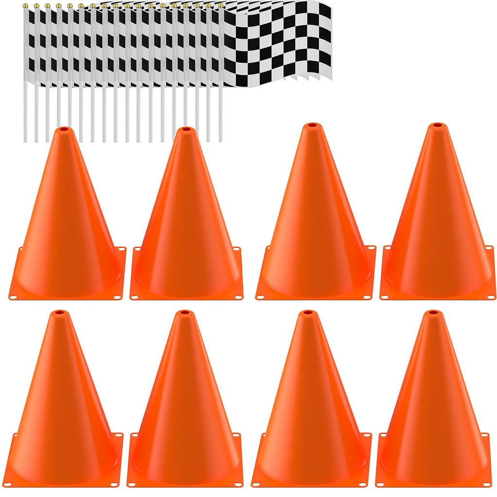 RECER Traffic Cones with Racing Checkered Flags – 24-Piece Party Decor Set