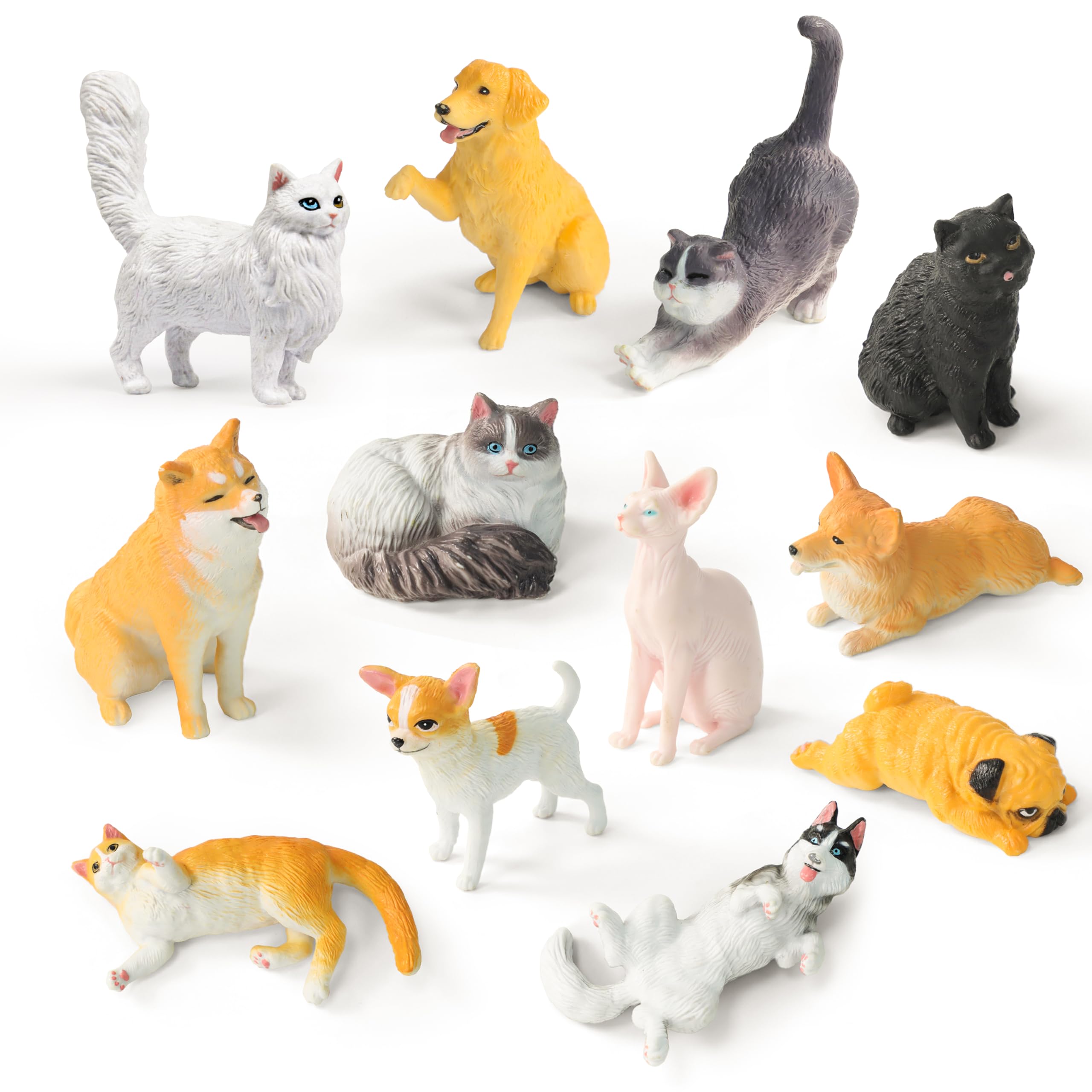 RECUR Cats & Dogs Figurines, 12-Piece Hand-Painted Mini Pets for Cake Toppers & Desk
