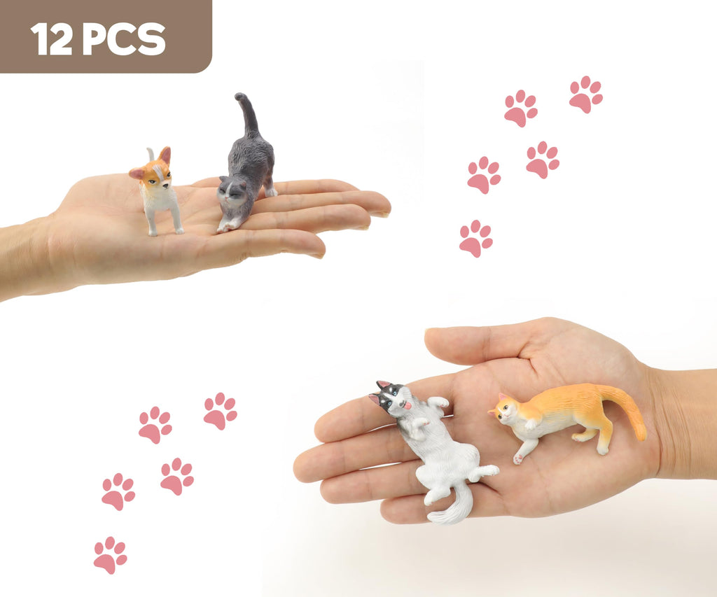 RECUR Cats & Dogs Figurines, 12-Piece Hand-Painted Mini Pets for Cake Toppers & Desk