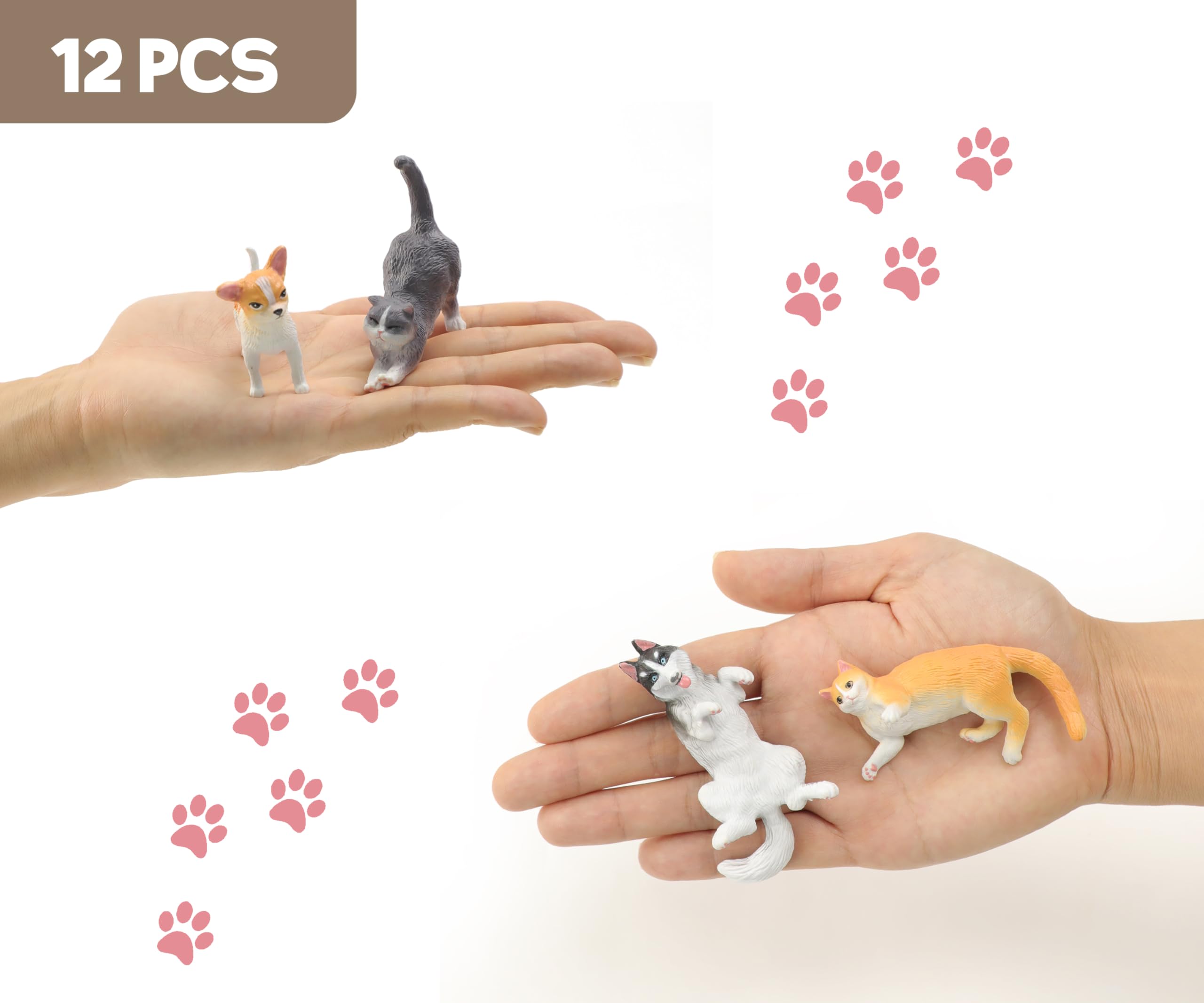 RECUR Cats & Dogs Figurines, 12-Piece Hand-Painted Mini Pets for Cake Toppers & Desk