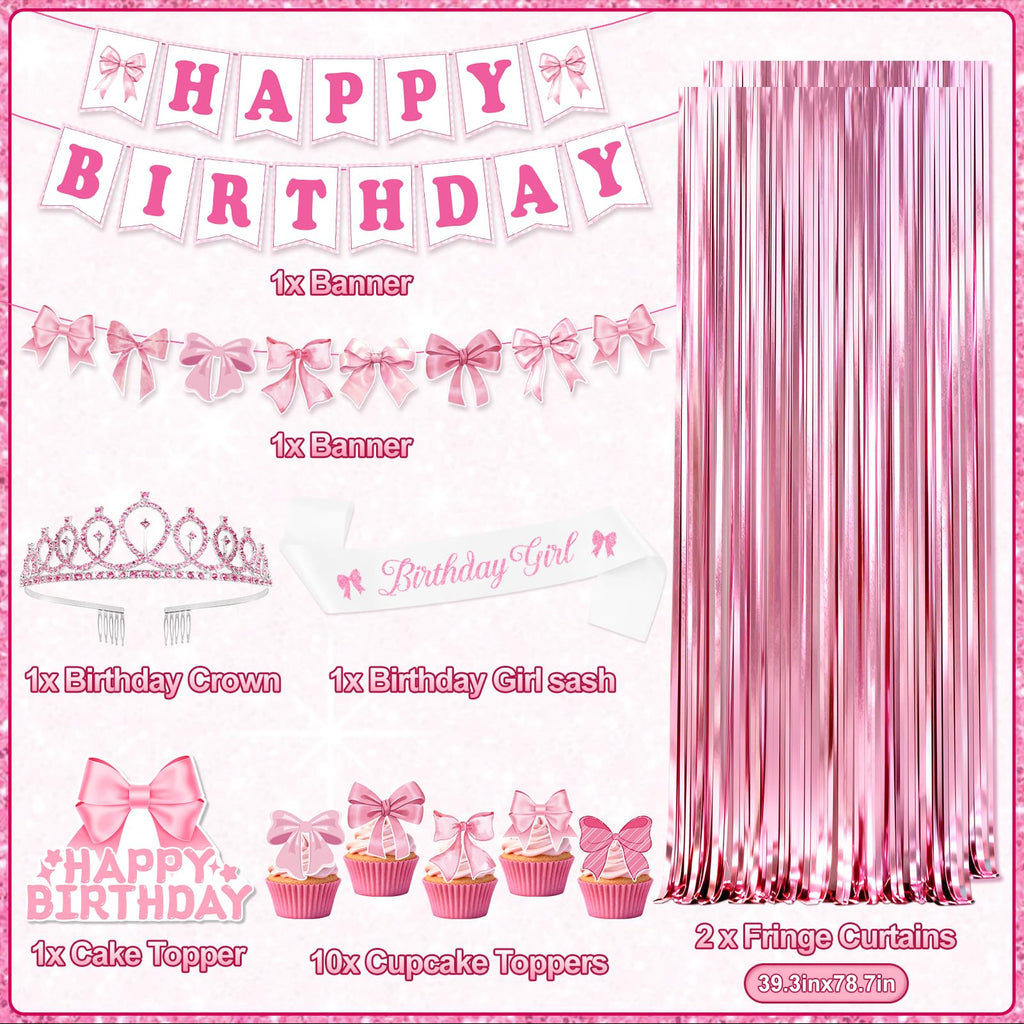 REDWORD Pink Bow Birthday Decorations 73Pcs – Sash, Tiara, Banner, Balloons, Fringe Curtains
