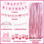 REDWORD Pink Bow Birthday Decorations 73Pcs – Sash, Tiara, Banner, Balloons, Fringe Curtains
