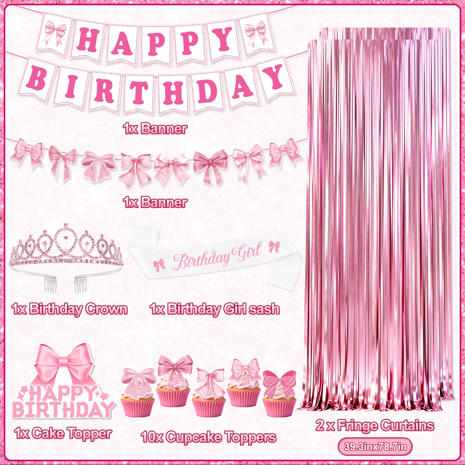 REDWORD Pink Bow Birthday Decorations 73Pcs – Sash, Tiara, Banner, Balloons, Fringe Curtains
