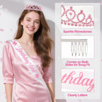 REDWORD Pink Bow Birthday Decorations 73Pcs – Sash, Tiara, Banner, Balloons, Fringe Curtains