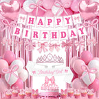REDWORD Pink Bow Birthday Decorations 73Pcs – Sash, Tiara, Banner, Balloons, Fringe Curtains